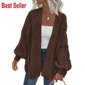 Cable Knit Open Front Chunky Cardigan Oversized Lantern Sleeve Chic